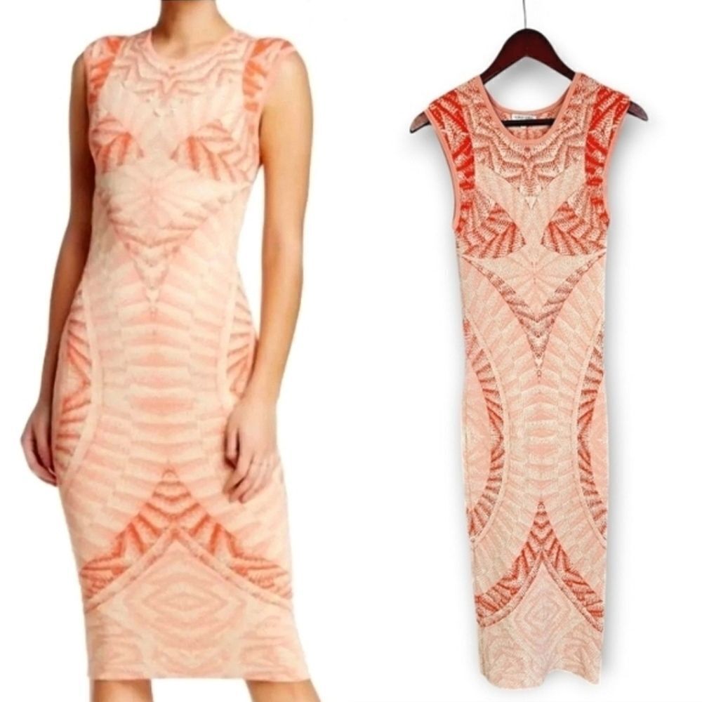 Ronny Kobo Tropez Blister Stitch Victoria Midi Textured Dress Coral Nude Combo M